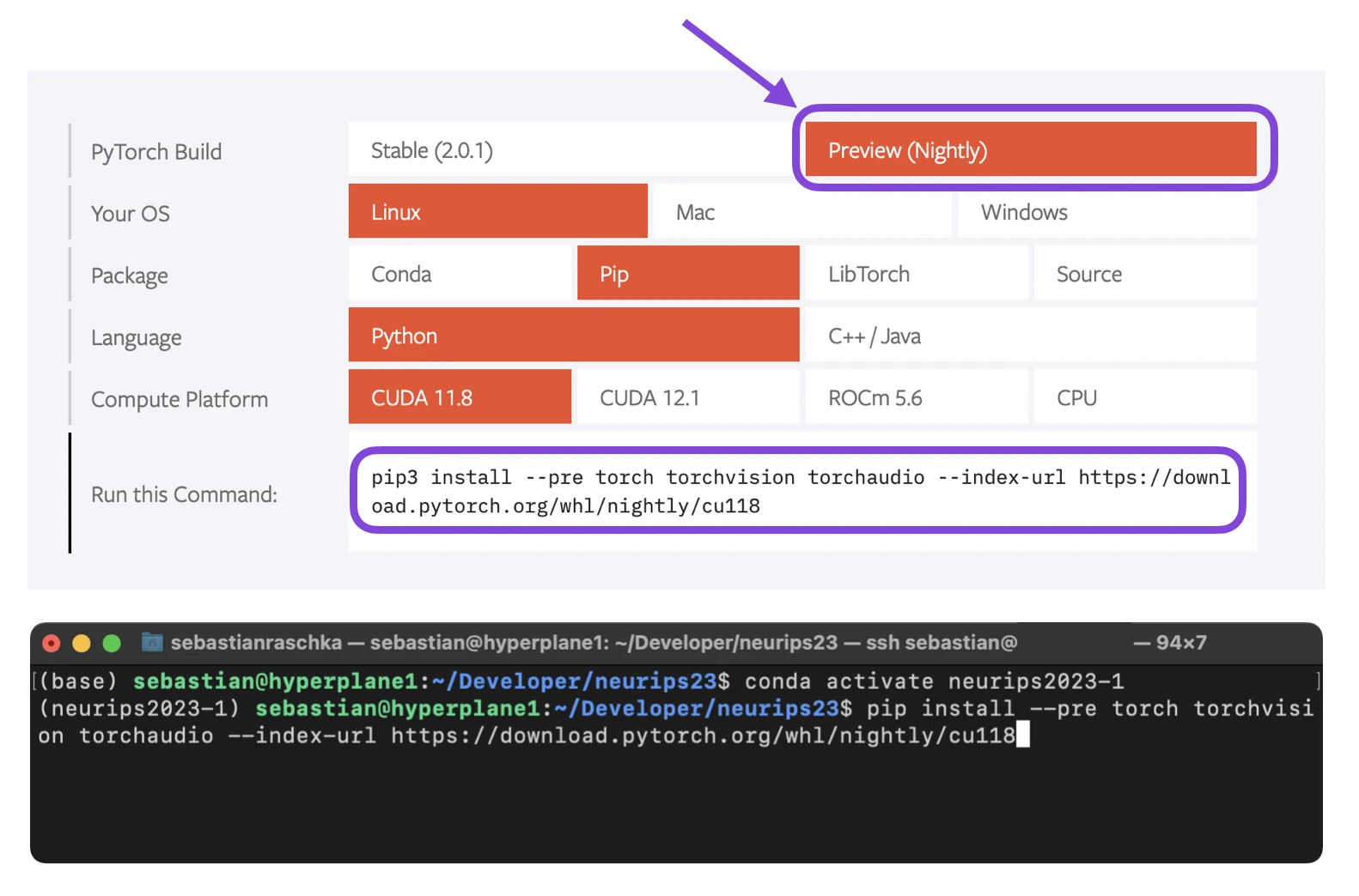 The PyTorch installation menu