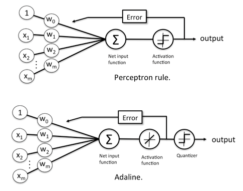 What is the difference between a Perceptron, Adaline, and neural network model? illustration